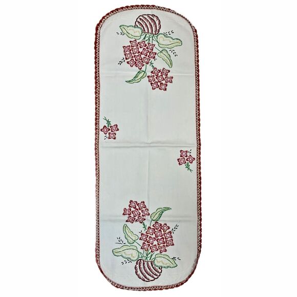Embroidered Red Floral Table Runner Dresser Scarf Crochet Cottage Core Granny - Picture 1 of 4